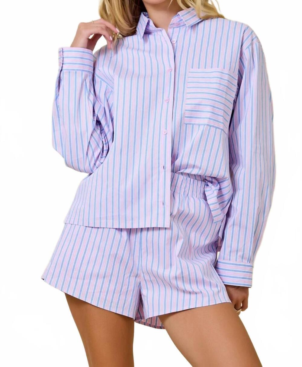 NEW DAY + MOON striped button down collared set in blue and pink stripe